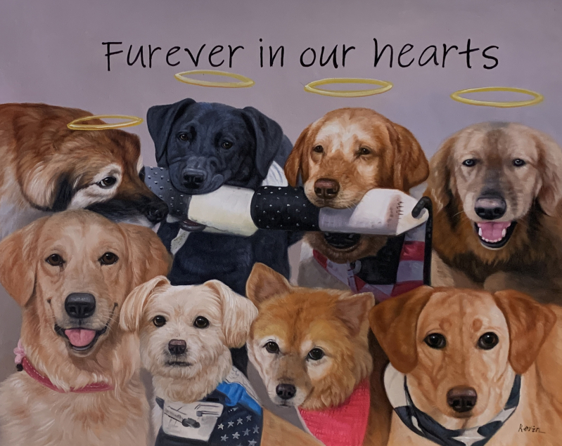 Painting of several dogs, text reads Forever in our hearts