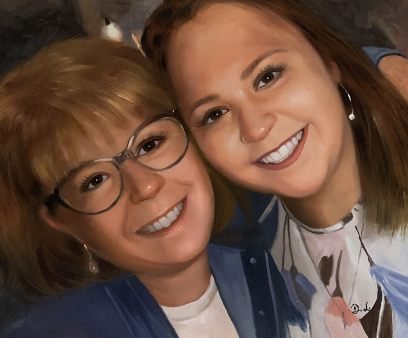 Painted portrait of two smiling women, one wearing glasses.