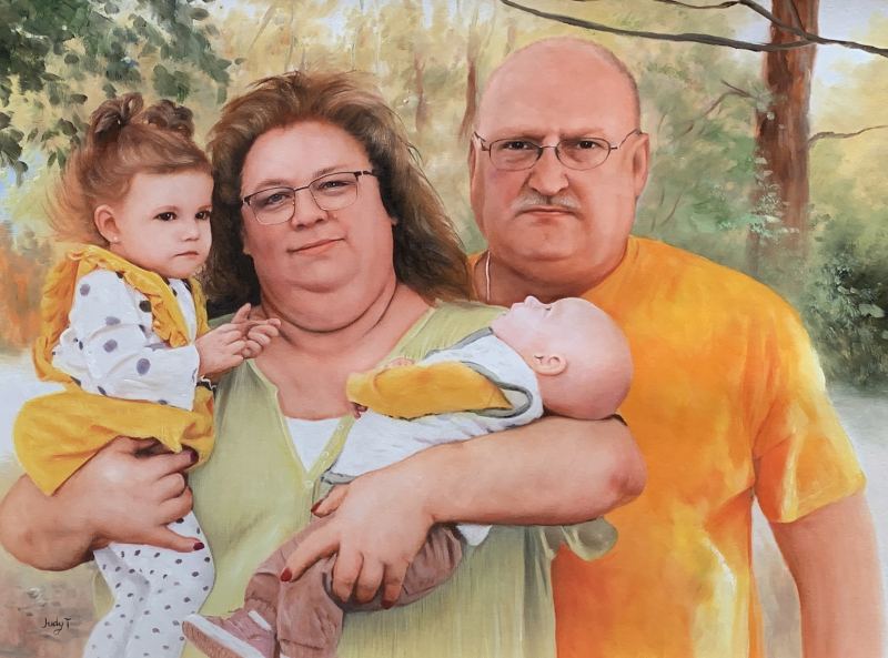 Painting of a family portrait: a woman and man holding a baby and toddler.