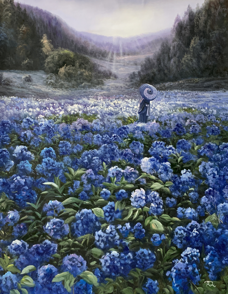 Person in blue robe and parasol standing in a field of blue hydrangeas.