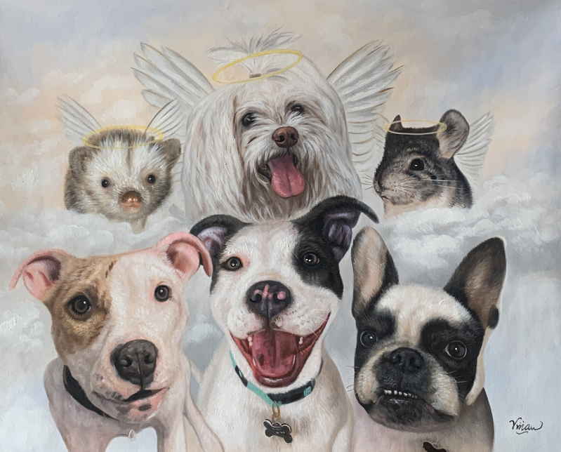 Painting of five pets, including dogs and small animals, with halos and wings in a cloudy sky.