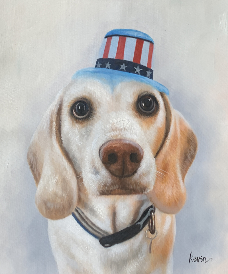 Painting of a light-colored dog wearing a patriotic hat.