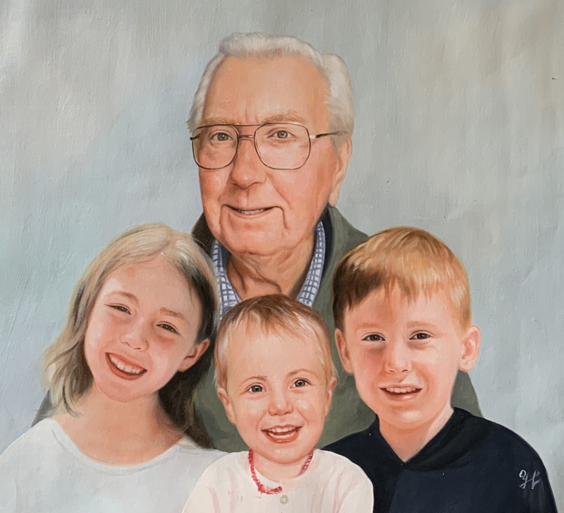 Oil painting of an elderly man with three young grandchildren.