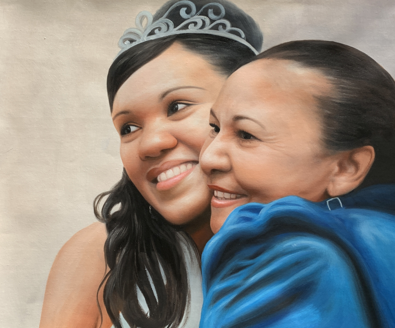Painting of a smiling young woman wearing a tiara embracing an older woman.