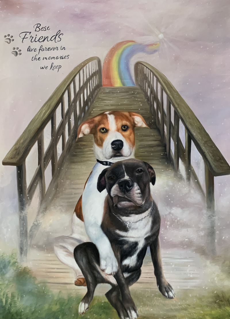 Painting of two dogs on a bridge leading to a rainbow, text reads Best Friends live forever in the memories we keep