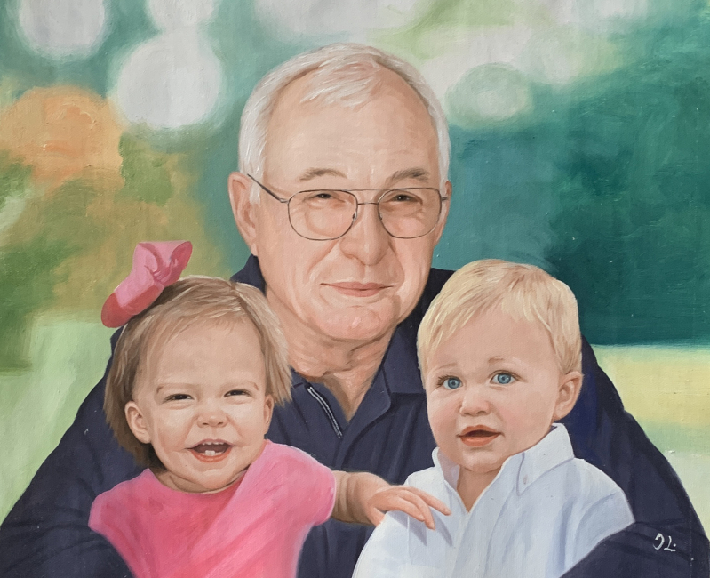 Painting of a grandfather with two young grandchildren.