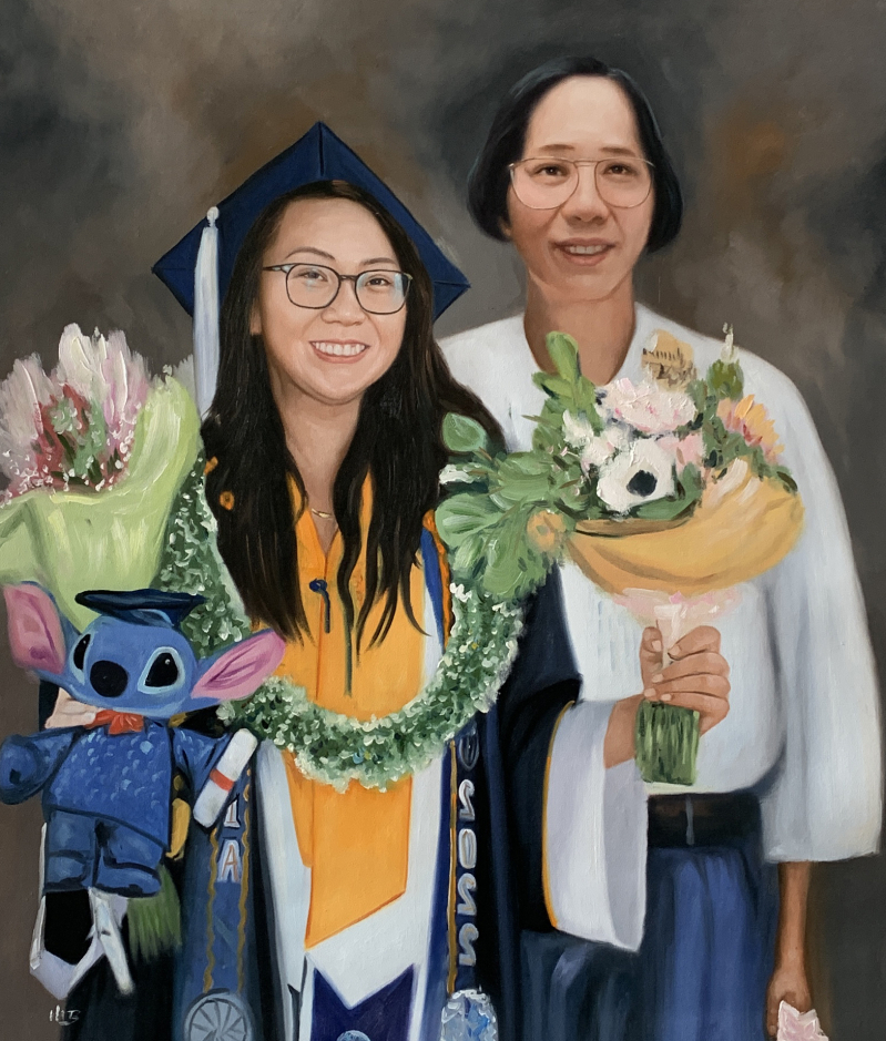 Oil painting of a graduate and her mother holding flowers.