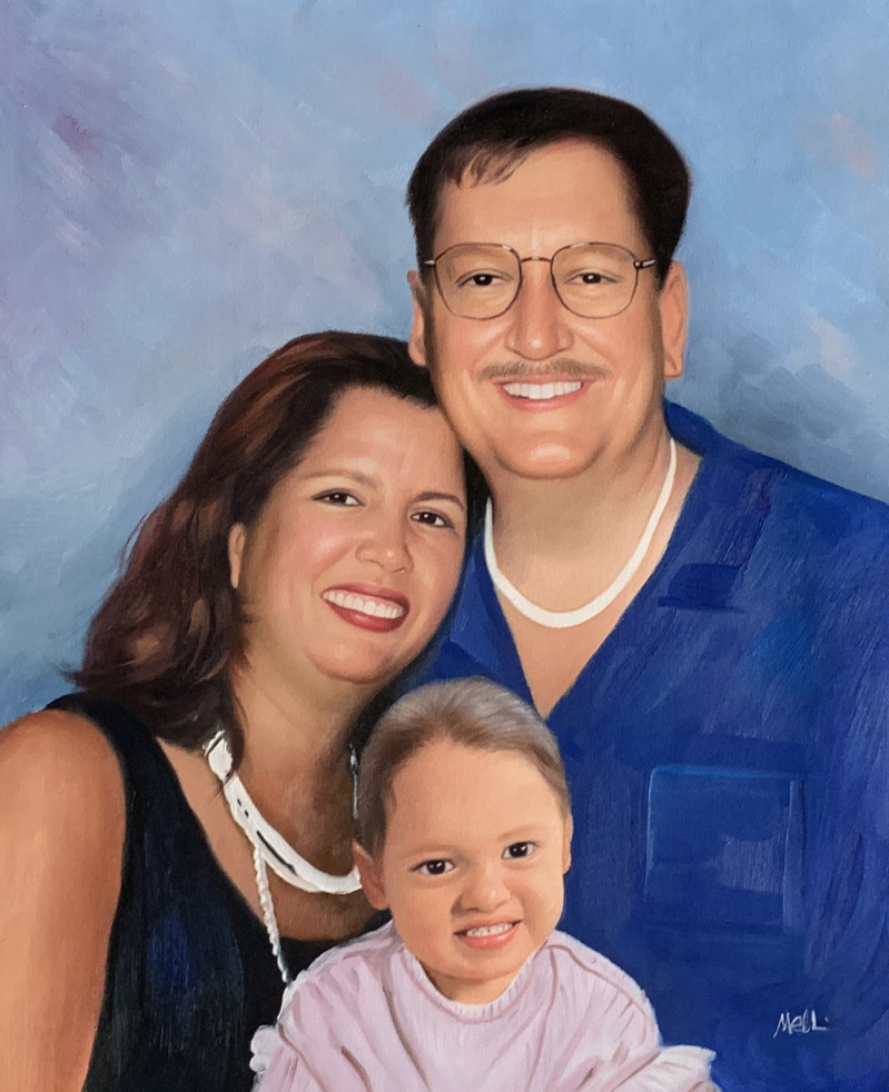 Oil painting portrait of a family: a man, woman, and toddler.