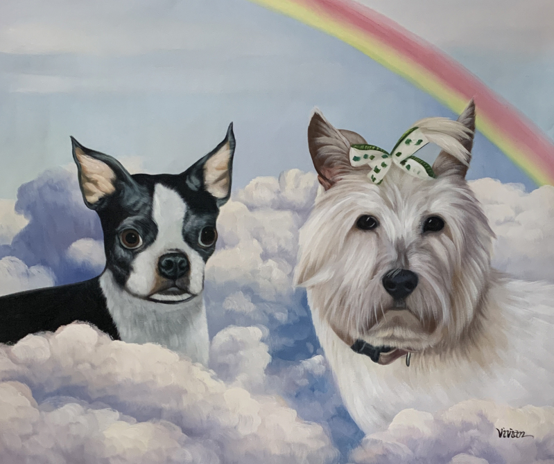 Painting of a Boston Terrier and a West Highland White Terrier in clouds with a rainbow in the background.