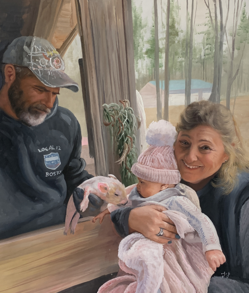 Painting of a family with a baby and a piglet.