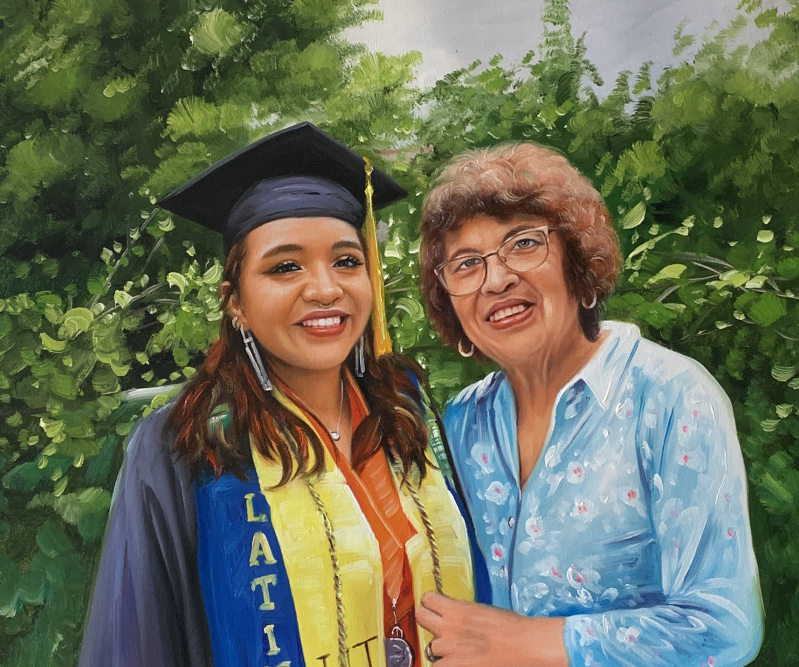 Painted portrait of a young woman in graduation attire with her grandmother.