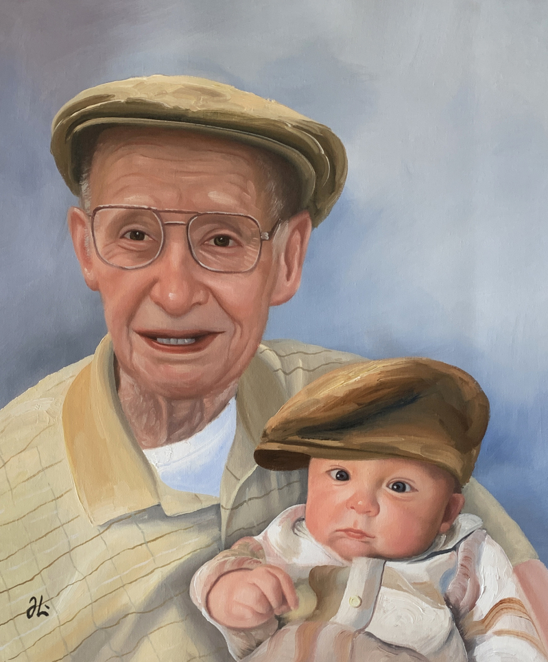 Oil painting of an elderly man in glasses and a newsboy cap holding a baby wearing a similar cap.