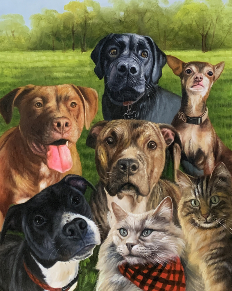 Painting of five dogs and two cats posed together outdoors.