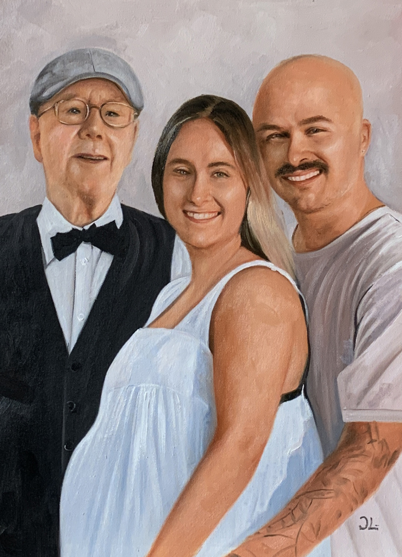 Painted portrait of an elderly man in a suit, a pregnant woman, and a man with tattoos.