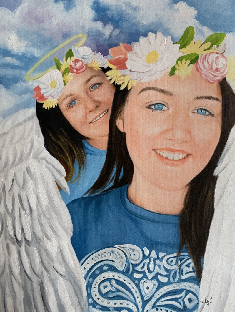 Painting of two girls with angel wings and flower crowns against a cloudy sky.