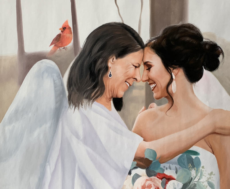 Painting of a mother and daughter embracing, mother depicted with angel wings, cardinal in background.