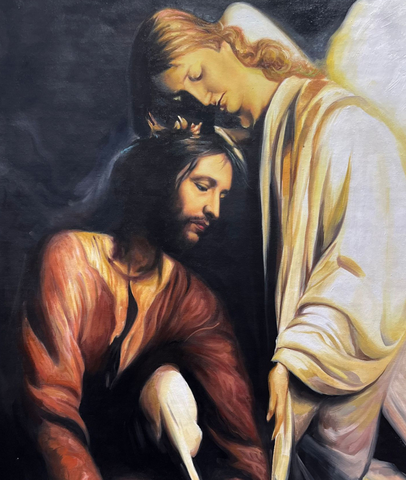 Painting of an angel comforting a crowned man.