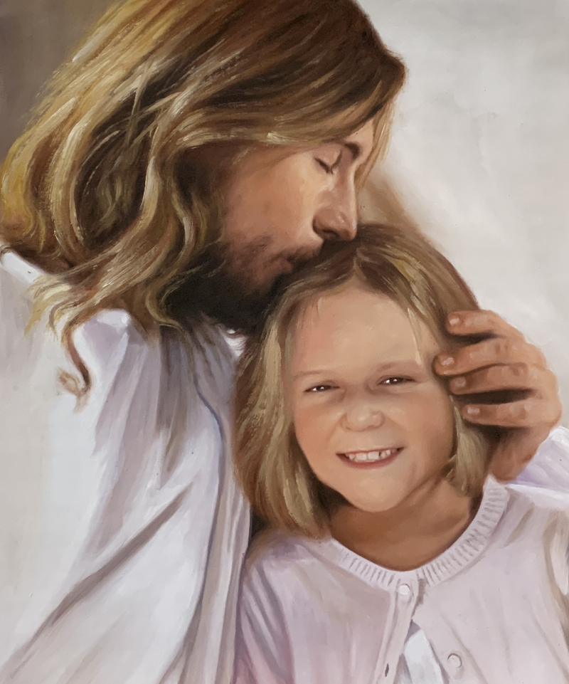 Jesus kissing a young girl on the forehead.