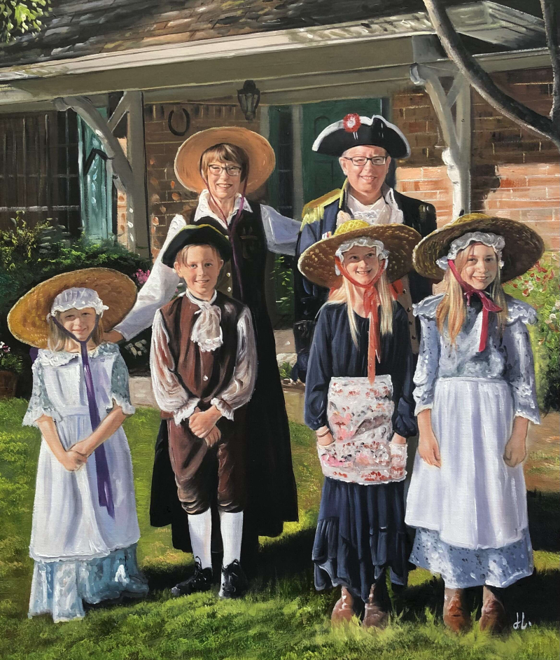 Painting of a family in colonial-era clothing posing outside a brick house.