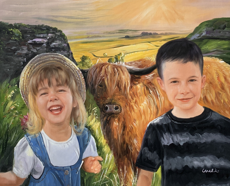 Painting of a girl and boy with a Highland cow in a pastoral landscape.