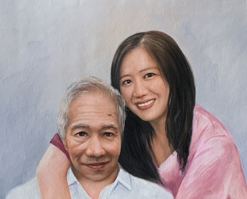 Oil painting portrait of an older man and a younger woman.