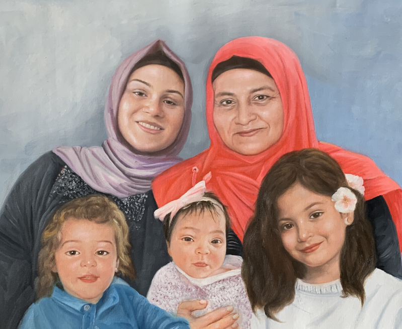 Painted portrait of a family: two women in headscarves with three children.