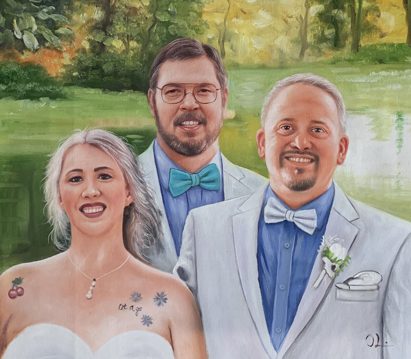 Painted portrait of a bride and two grooms in a park setting.
