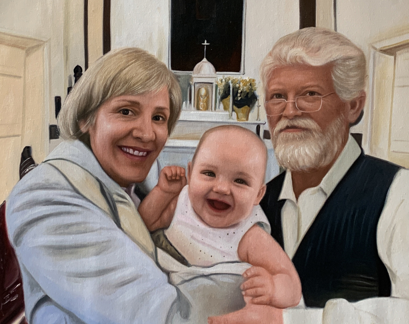Oil painting portrait of grandparents holding a baby.