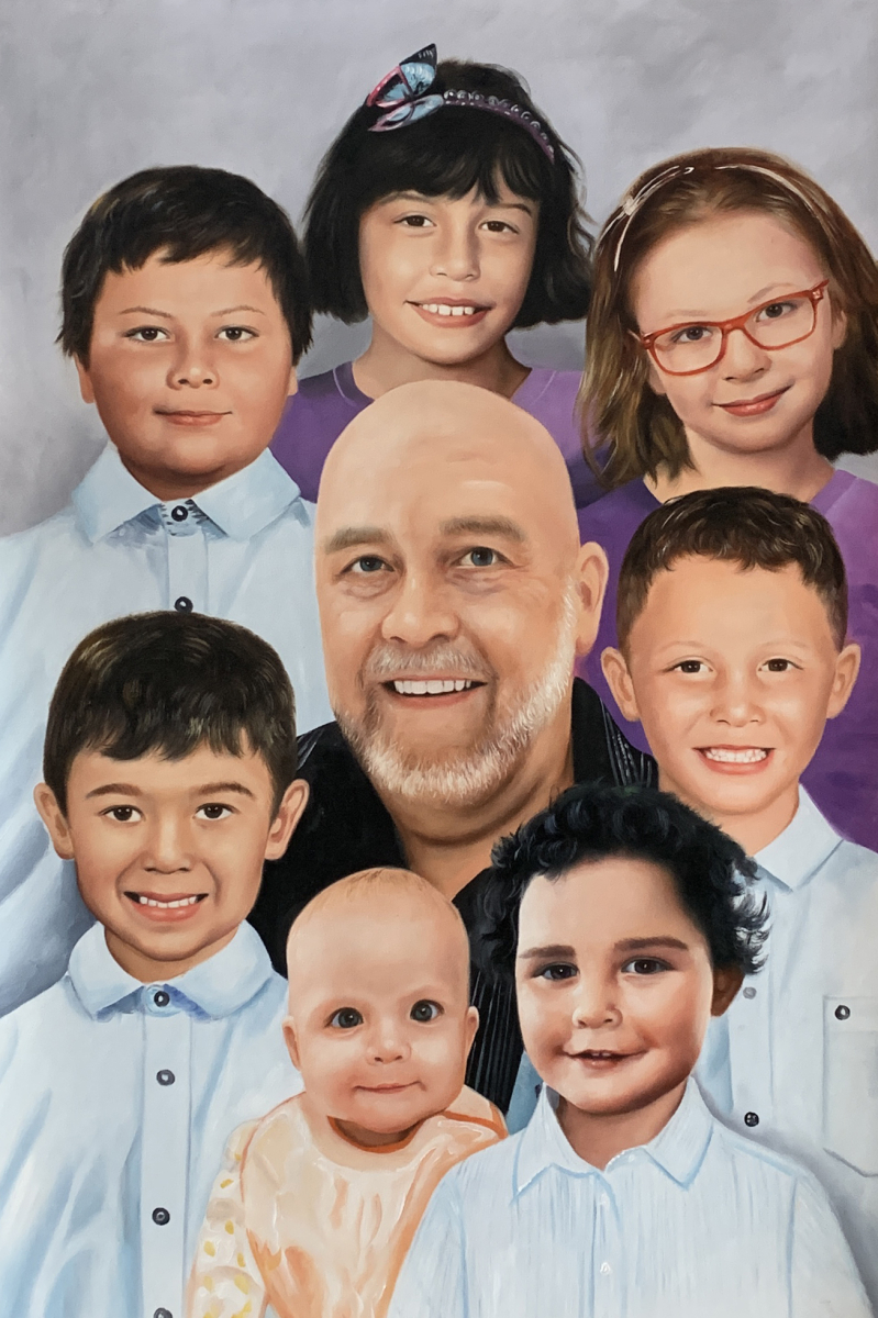 Painted portrait of a man with seven children.