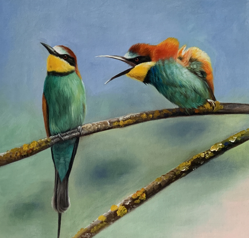 Painting of two colorful birds perched on branches