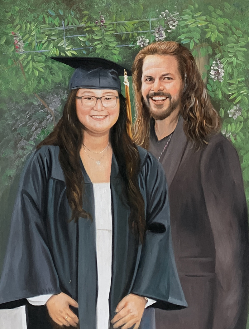 Painted portrait of a female graduate and a man with long hair.