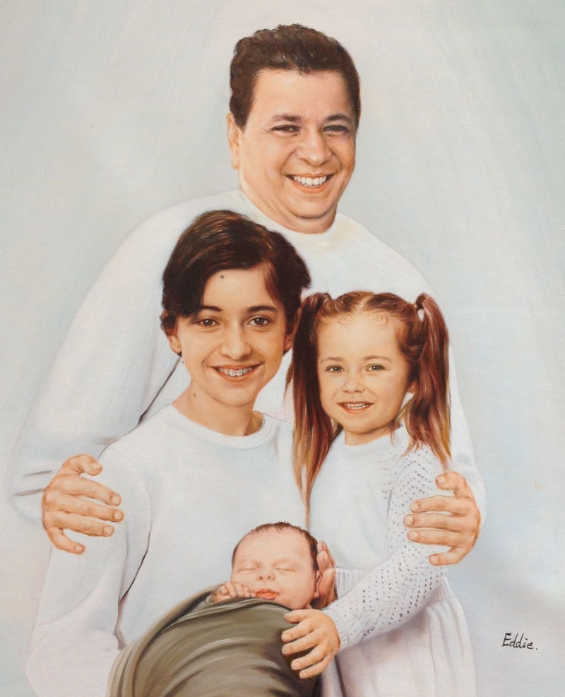 Painting of a father with his three children, a teenage boy, a young girl, and a baby.