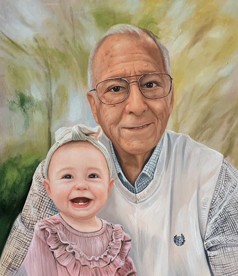 Painting of a smiling elderly man in glasses holding a smiling baby girl.