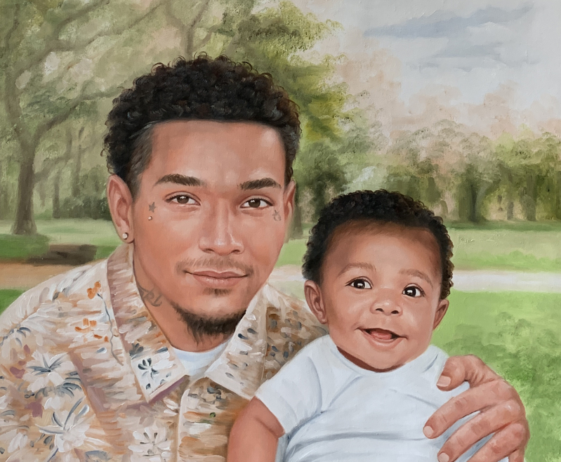 Painting of a father and baby son in a park.