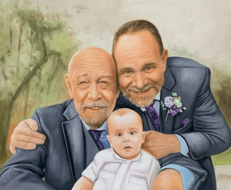 Painted portrait of two men and a baby.