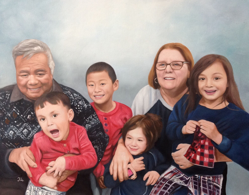 Oil painting of a multigenerational family portrait, a grandfather, grandmother, and four grandchildren.