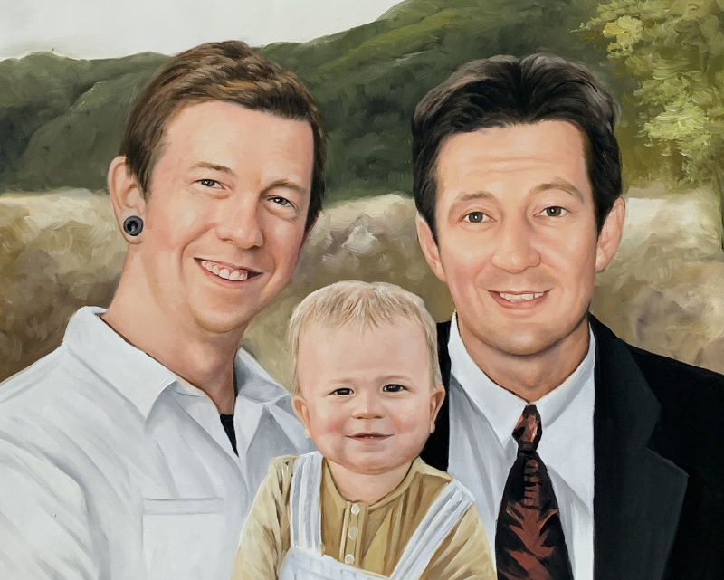Painted portrait of two men and a baby.