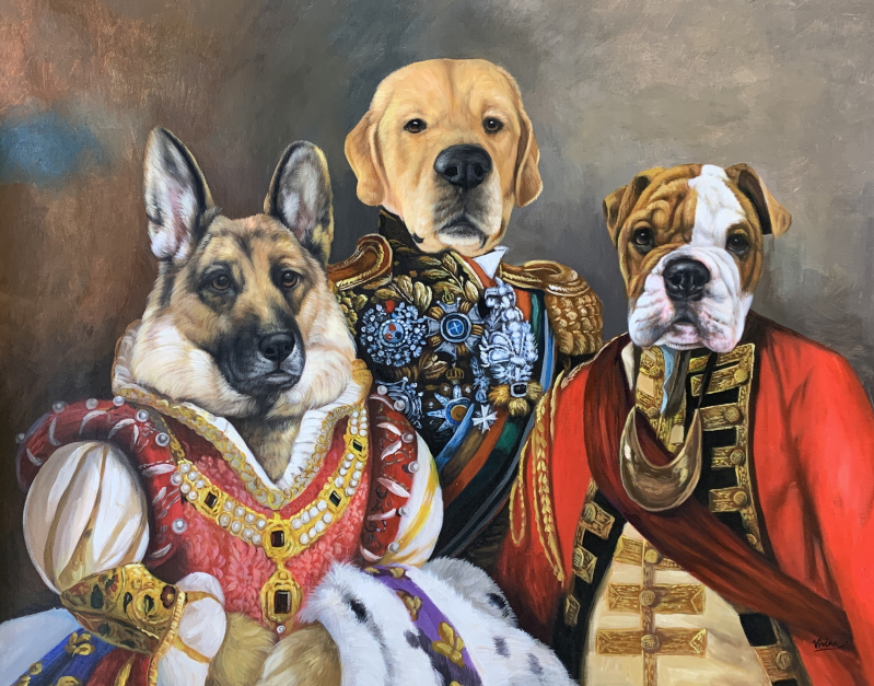 Painting of three dogs in regal attire: a German Shepherd in a queen`s gown, a Golden Retriever in a military uniform, and a Bulldog in a red military coat.