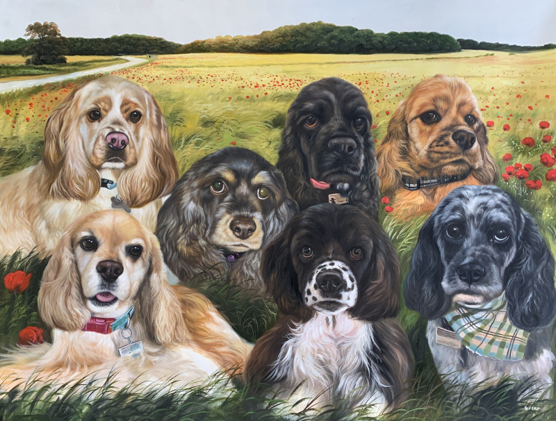 Painting of seven cocker spaniels in a field of poppies.