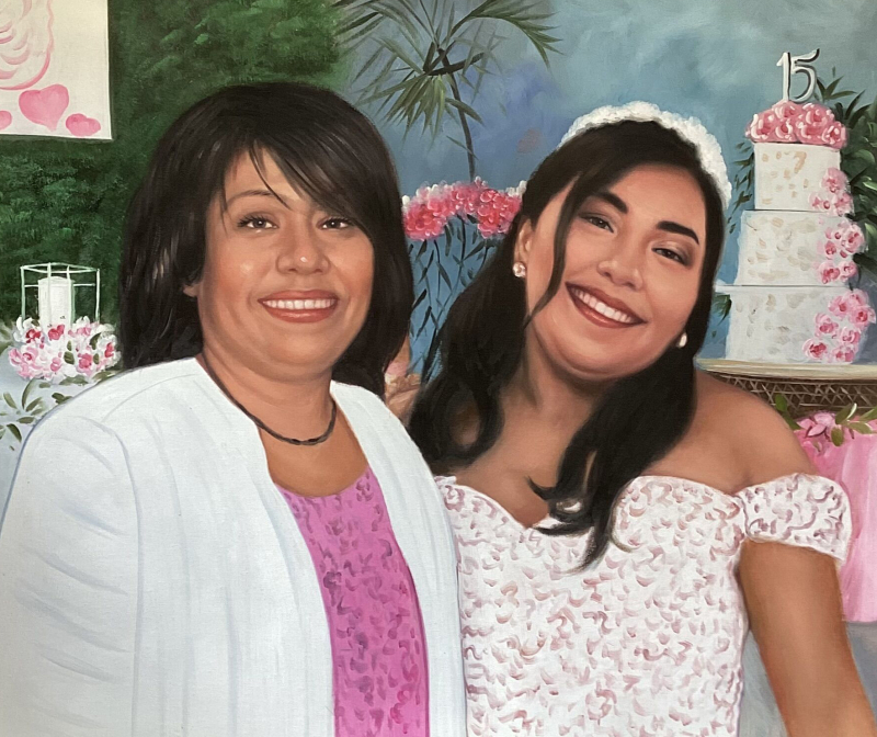 Oil painting of a mother and daughter at a quincea?era.