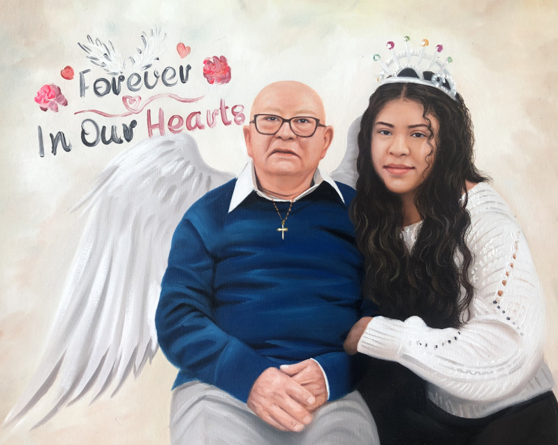 Painting of an older man with angel wings and a younger woman wearing a crown, text reads Forever In Our Hearts.