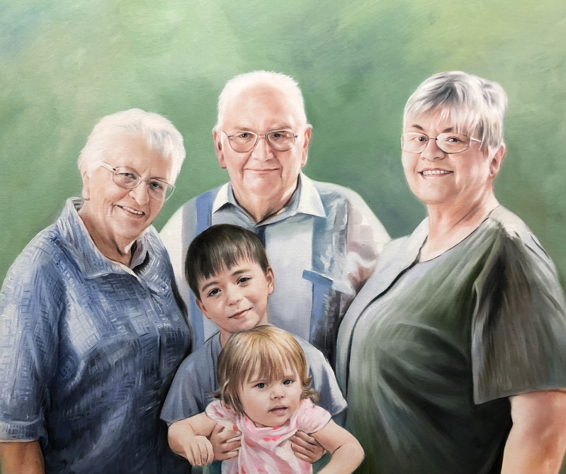 Painted portrait of two elderly couples and two young grandchildren.