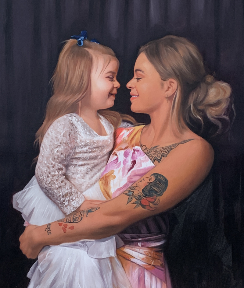 Painting of a mother and daughter embracing.