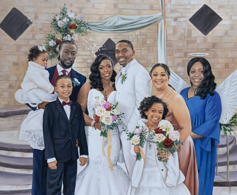 Wedding portrait of a Black family, including the bride and groom, children, and other relatives.