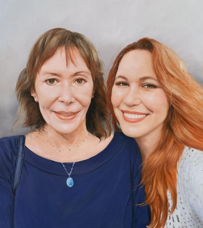 Painting of two women, one with brown hair and a blue shirt, the other with long red hair and a white sweater.