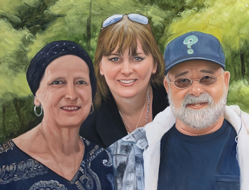 Oil painting portrait of a family: two women and a man.