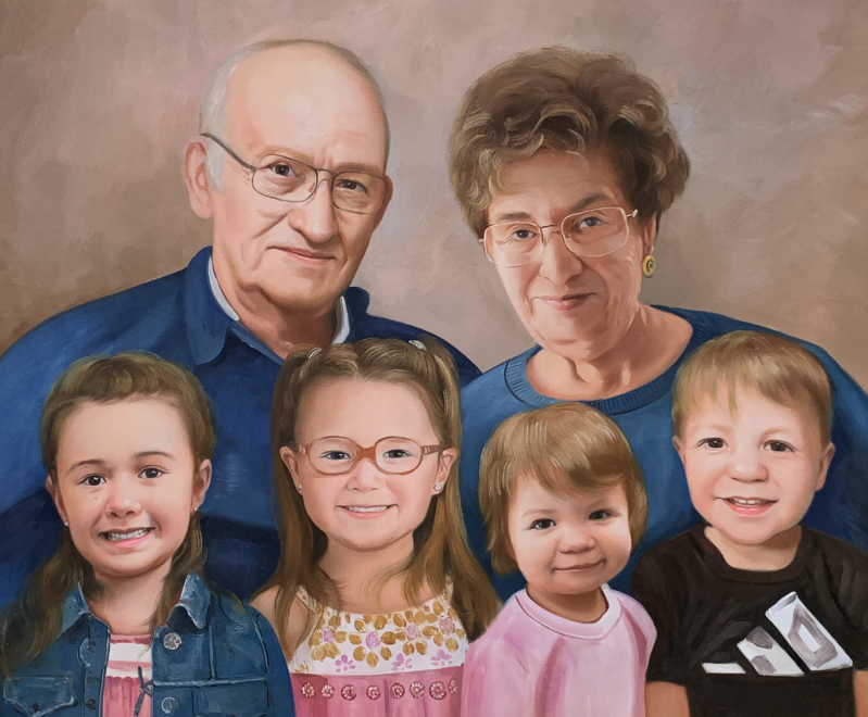 Painted portrait of grandparents with three grandchildren.