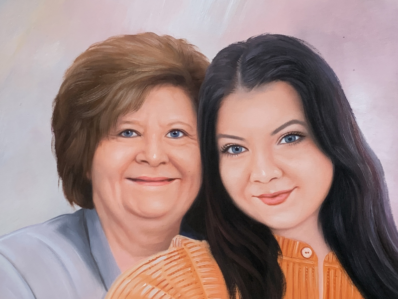 Painted portrait of an older woman and a younger woman.