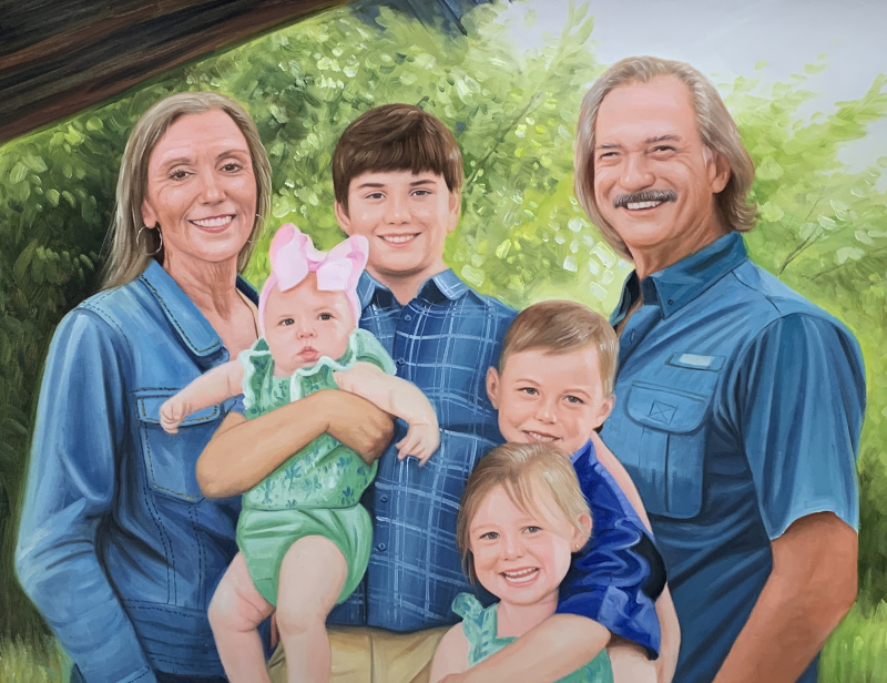 Family portrait painting, grandparents with three grandchildren.