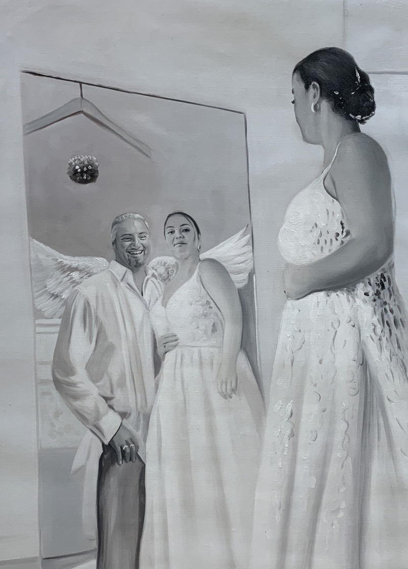 Monotone painting of a woman in a white dress looking at a mirror reflecting a couple with angel wings.